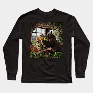 watercolor bear with garden and mixed flowers Long Sleeve T-Shirt